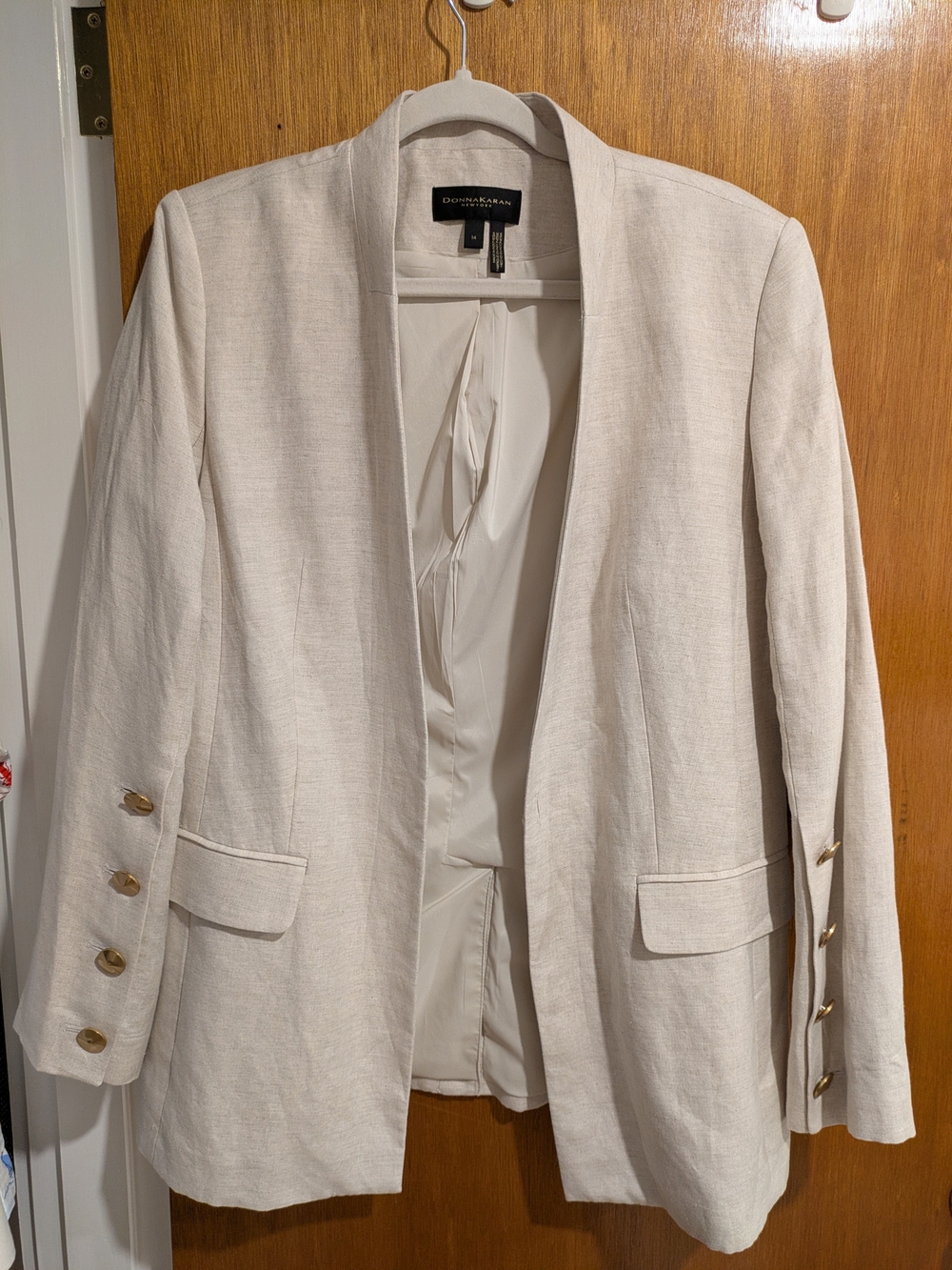 Donna Karan Ivory Open-Front Linen-Blend Blazer with Gold Buttons
